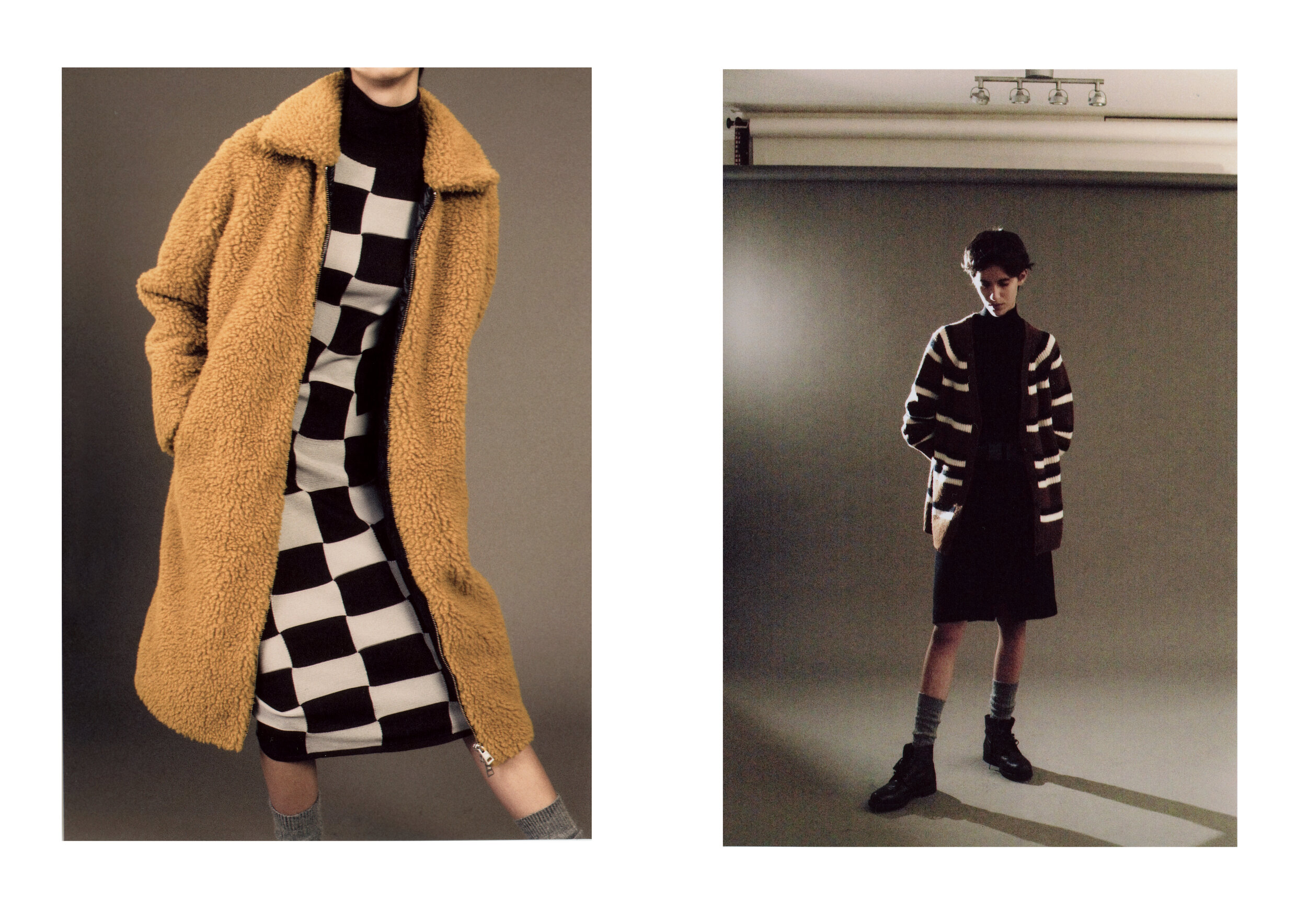  Left: Wool ribbed long dress and wool shirt neck coat FAY.  Right: Ribbed turtleneck BOTTEGA VENETA, stripped wool cardigan PLAN C, wool portfolio skirt GIANLUCA CAPANNOLO. 