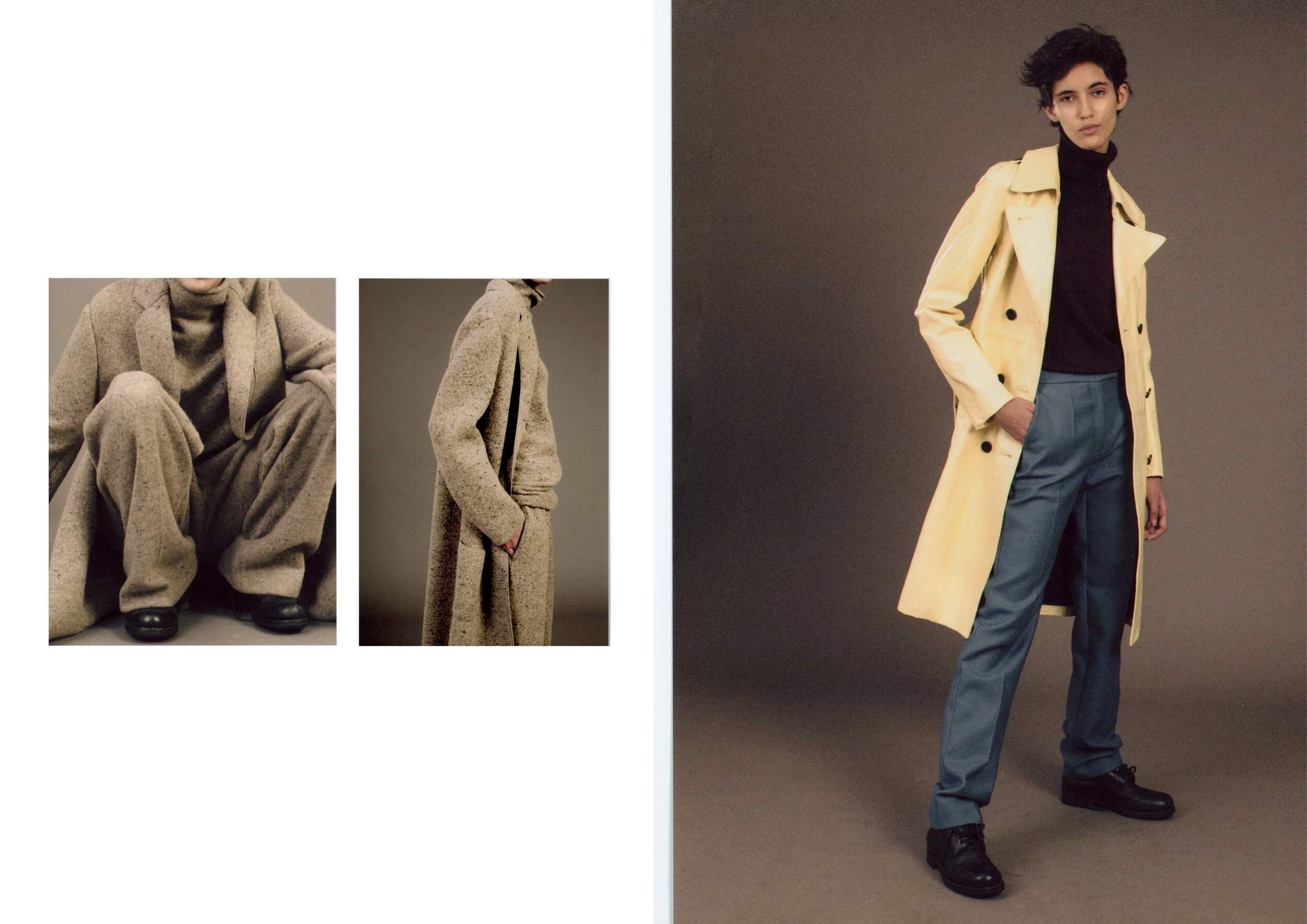  Left: Wool oversized coat, turtleneck and trousers AGNONA.  Right: Leather trench coat FAY, ribbed wool turtleneck TOD’S, sartorial wool trousers AGNONA. 