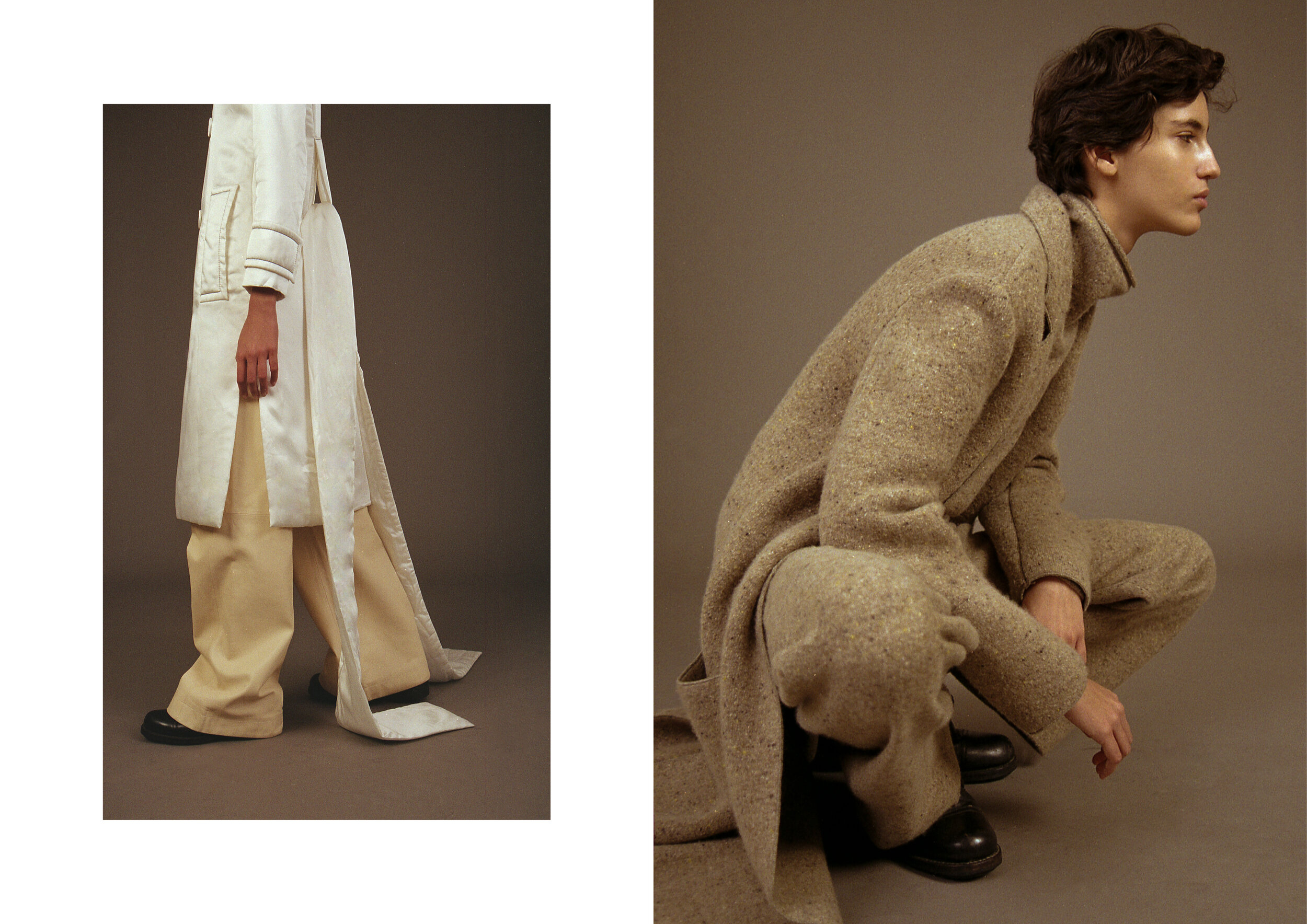  Left: Down jacket and oversized leather trousers MARNI.  Right: Wool oversized coat, turtleneck and trousers AGNONA. 