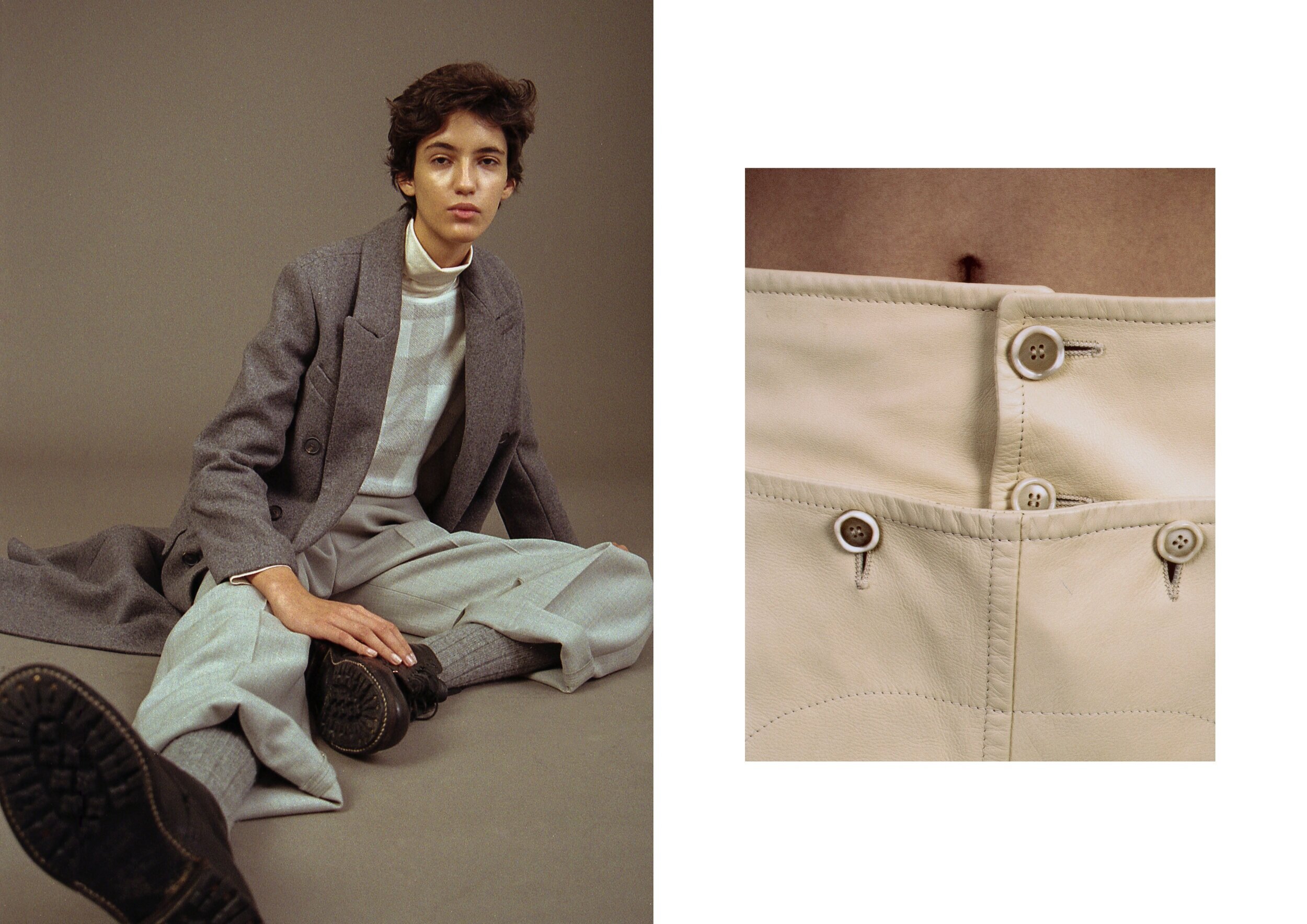  Left: Check turtleneck BARBOUR, brushed wool coat TELA, wide leg trousers COS, wool ribbed socks MARIA LA ROSA,.  Right: Leather trousers MARNI. 