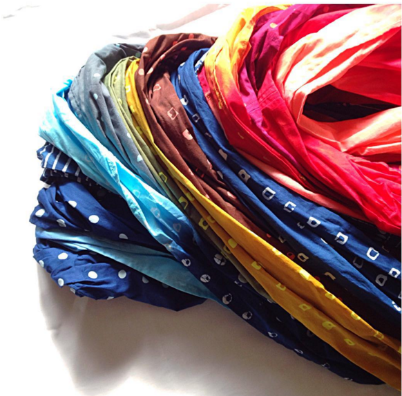 Hand dyed infinity scarves.