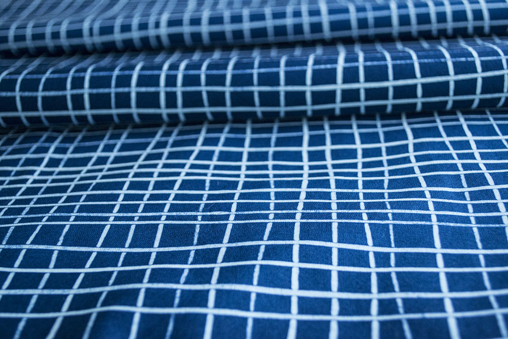 Skinny Stripe Grids in indigo and white .