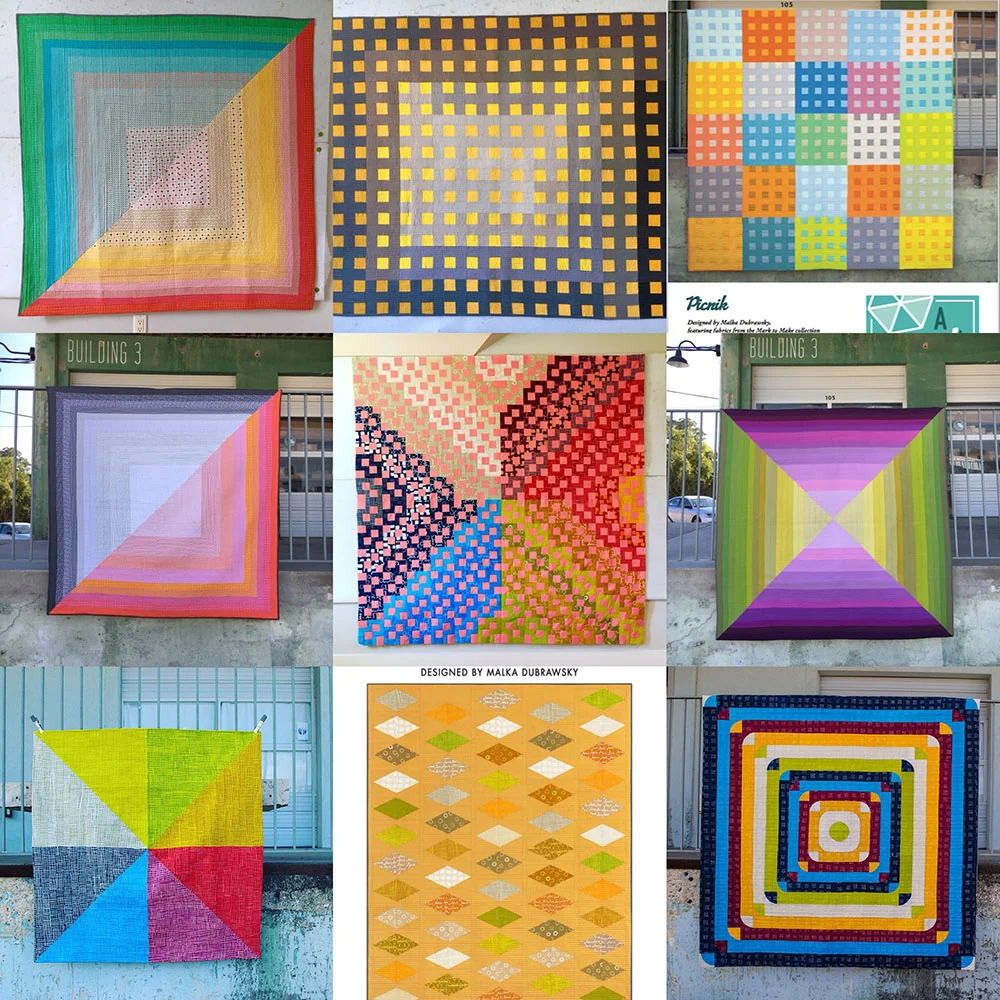 From top to bottom, left to right: Half-Square, the Sequel, Gingham Ombre, Picnik, Half-Square, Medusa, Four Triangle Ombre, Mosaic of Eight, Simple Jim, and Flying Dice