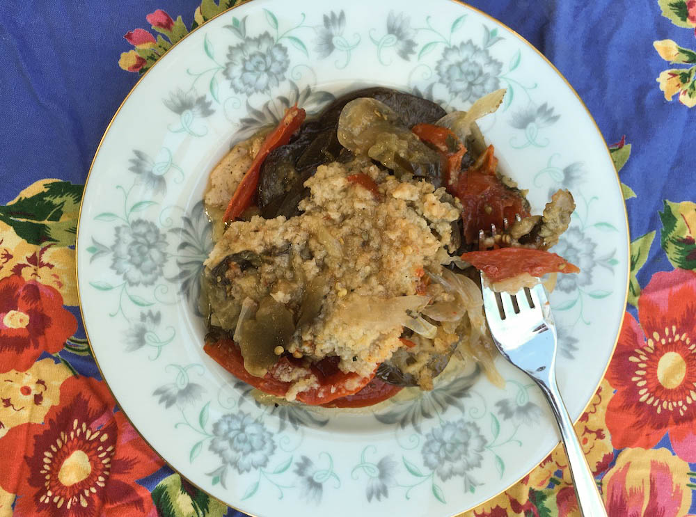 This recipe totally meets my infinitely customizable criteria in that the eggplant and zucchini can be replaced by just eggplant (as the recipe originally calls for) or just zucchini. Change the spice profile and you completely change the dish. Add in some cumin and cinnamon and you are veering into Middle Eastern territory, enhance the french flavors here with even more herbs, or easily make it a riff on eggplant parmesan with the addition of fresh basil.