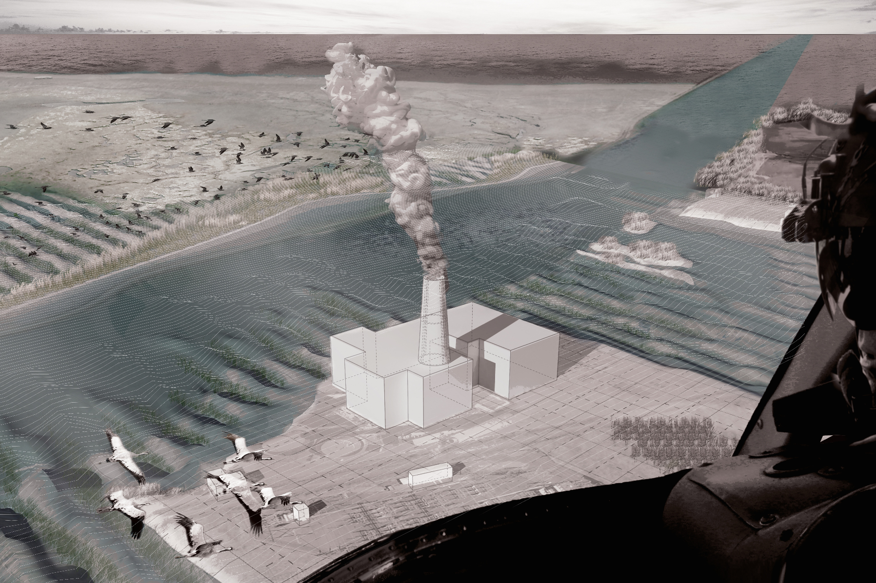 Militaristic Aerial Perspective above the Cape Cod "Canal"