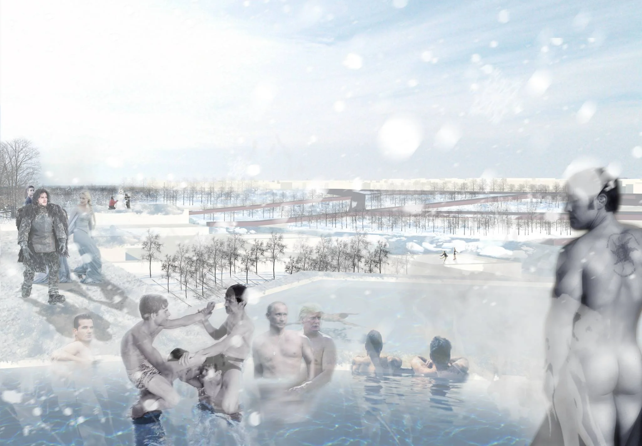Rendered Perspective showing the winter baths along the Moscow River
