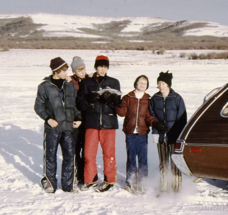 Ice-fishing on the Chain Lakes, Alberta. I'm apparently giving thanks for our catch ...