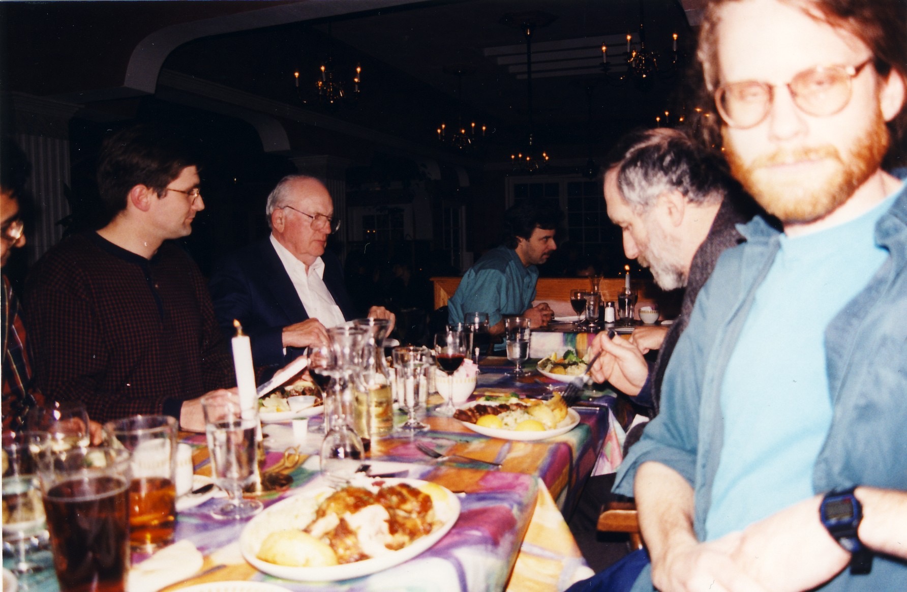 Post-defence party, with Thorsten, my dad, Ron Hatch, and others. That's me impersonating Salman Rushdie.
