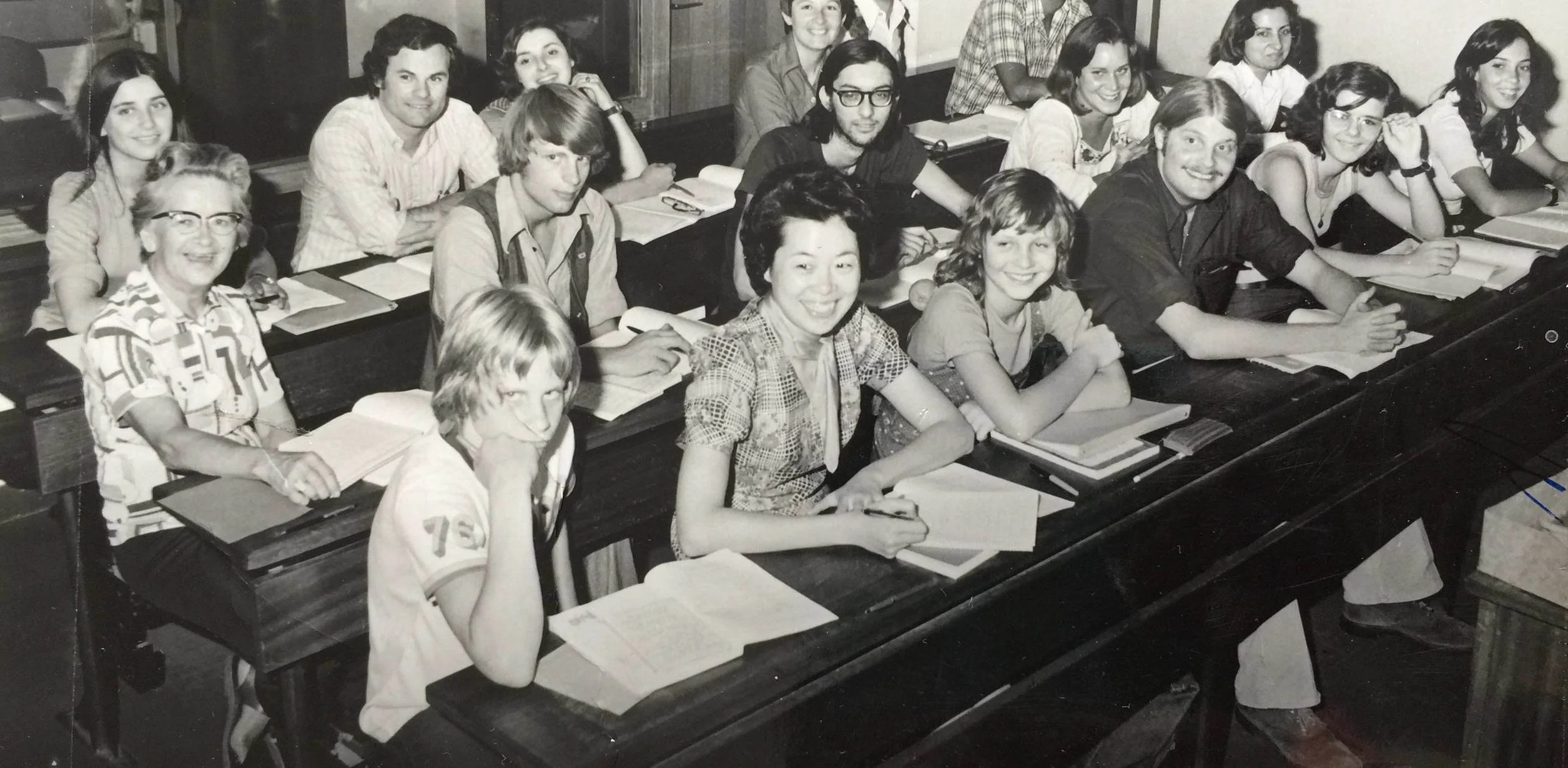 My dad got transferred to Paris and Geneva for several years. Here Allan and I are taking a crash-course at the Alliance Française in Paris, 1975. I'm at front, sulking. Allan's behind me in the snazzy vest.