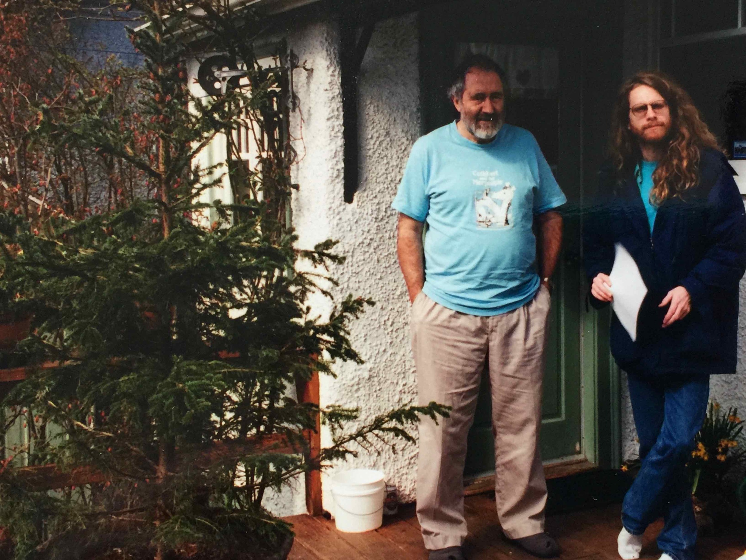 With my Ph.D supervisor, Ron Hatch, on his back porch. Our sessions would begin with a couple of his fine, home-brewed ales. My hair was scandalously long — and curly too!