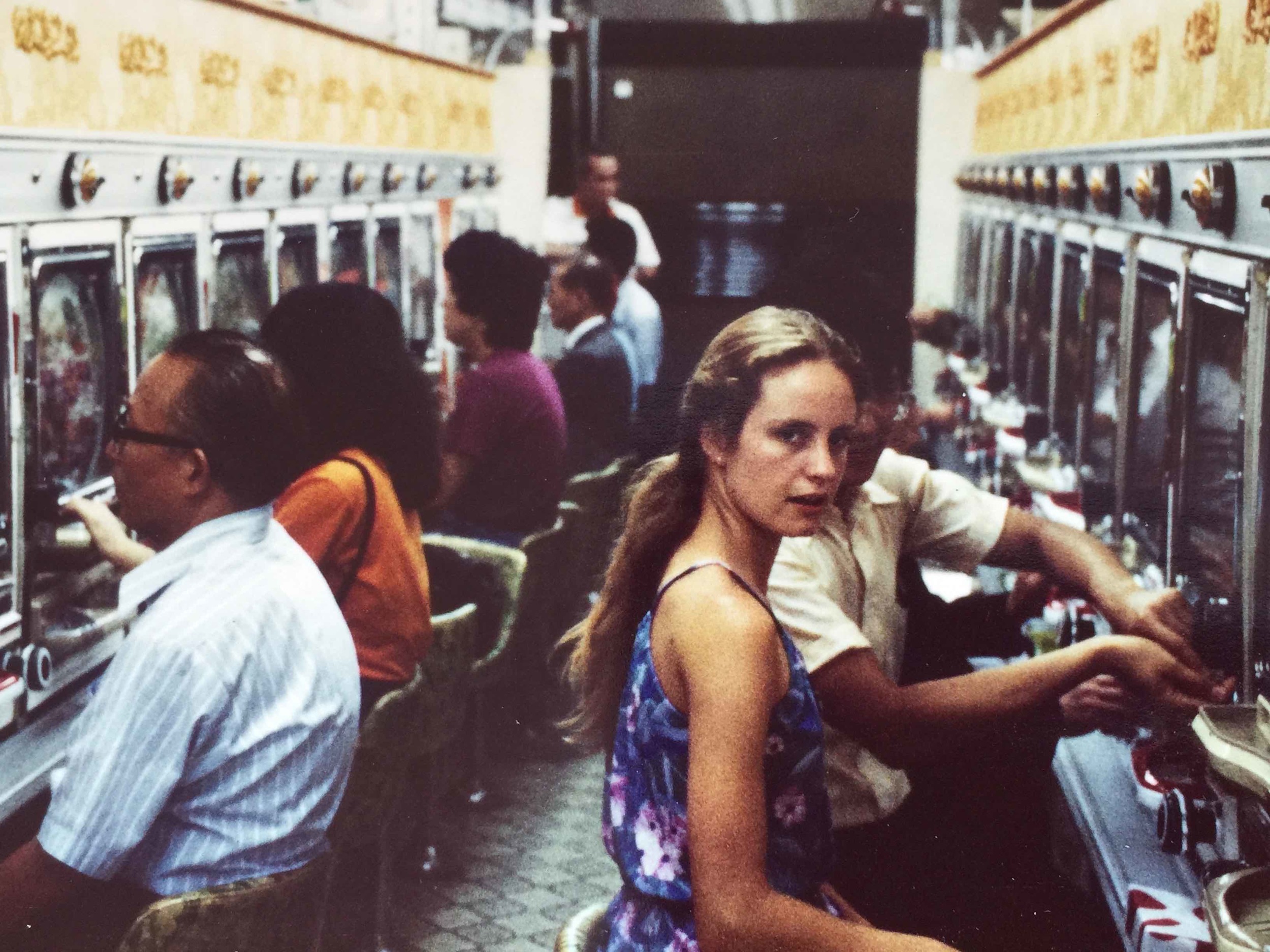 With Brenda in a pachinko parlour, Tokyo, 1980.