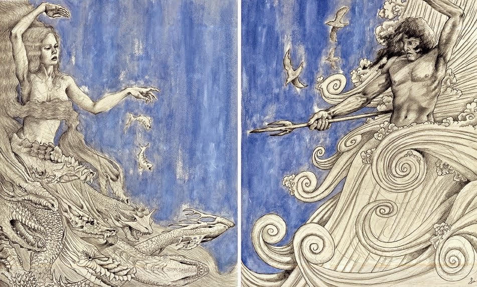 Tiamat and Marduk by P. Tinker and Marduk Battles Tiamat , from http://manmythmagic.blogspot.ca/2015/01/creation-mythology-babylonian.html (designated open source, but original source unknown)