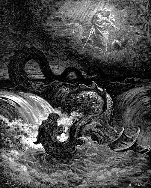 Destruction of Leviathan , Gustave Doré, 1864. Also from Wikipedia ("Leviathan"): "Sea serpents figure prominently in the mythology of the Ancient Near East. They are attested by the 3rd millennium BCE in Sumerian iconography depicting the god Ninurta overcoming a seven-headed serpent. It was common for Near Eastern religions to include a Chaoskampf : a cosmic battle between a sea monster representing the forces of chaos and a creator god or culture hero who imposes order by force."