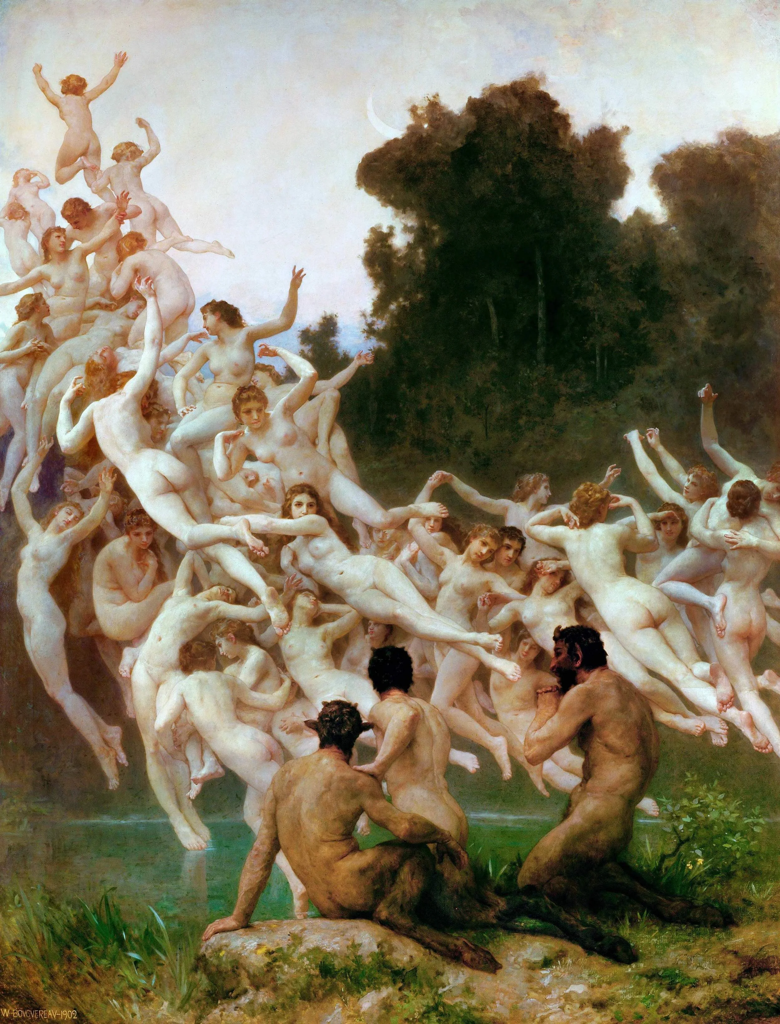 The Downfall of the Æsir. The heavens split and the "Sons of Múspell" ride forth upon the Æsir at Ragnarök as described in Gylfaginning chapter 51. By Karl Ehrenberg, 1882. (Wikimedia Commons) / Les Oréades, 1902, by William Bouguereau, in the Musés d’Orsay (Wikimedia Commons)