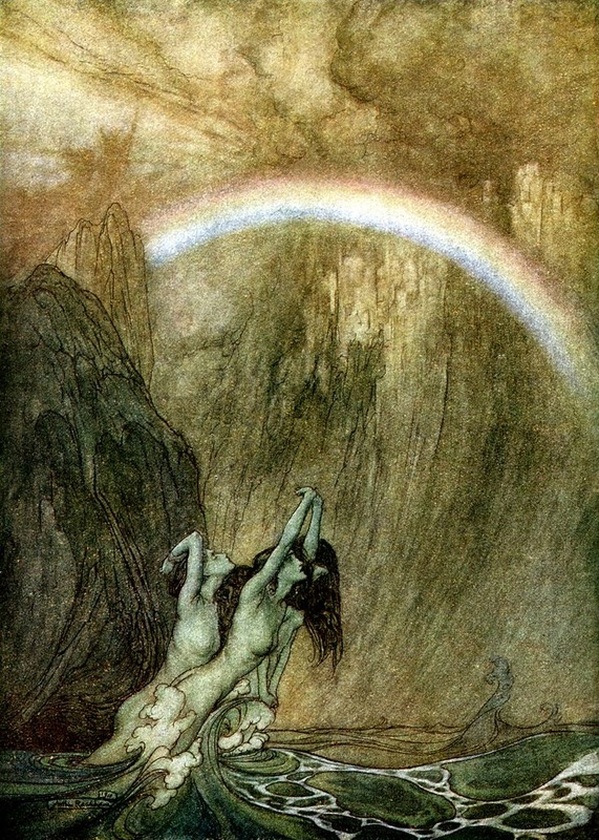 “The Rhine's fair children, bewailing their lost gold, weep,” by Arthur Rackham (1910)