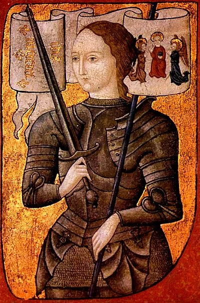 Above: Joan of Arc, 15th century miniature; Right: Rouen, Rue de l'Épicerie (Camille Pissarro, 1898) -- from Wikipedia