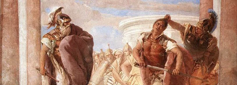 The Rage of Achilles , fresco by Giovanni Battista Tiepolo (1757, Villa Valmarana ai Nani, Vicenza) From Wikimedia Commons. Angered by Hector's killing of Patroclus (Achilles' cousin/friend/lover), Achilles enters a rage, kills Hector, then drags his body disrespectfully through the dirt.