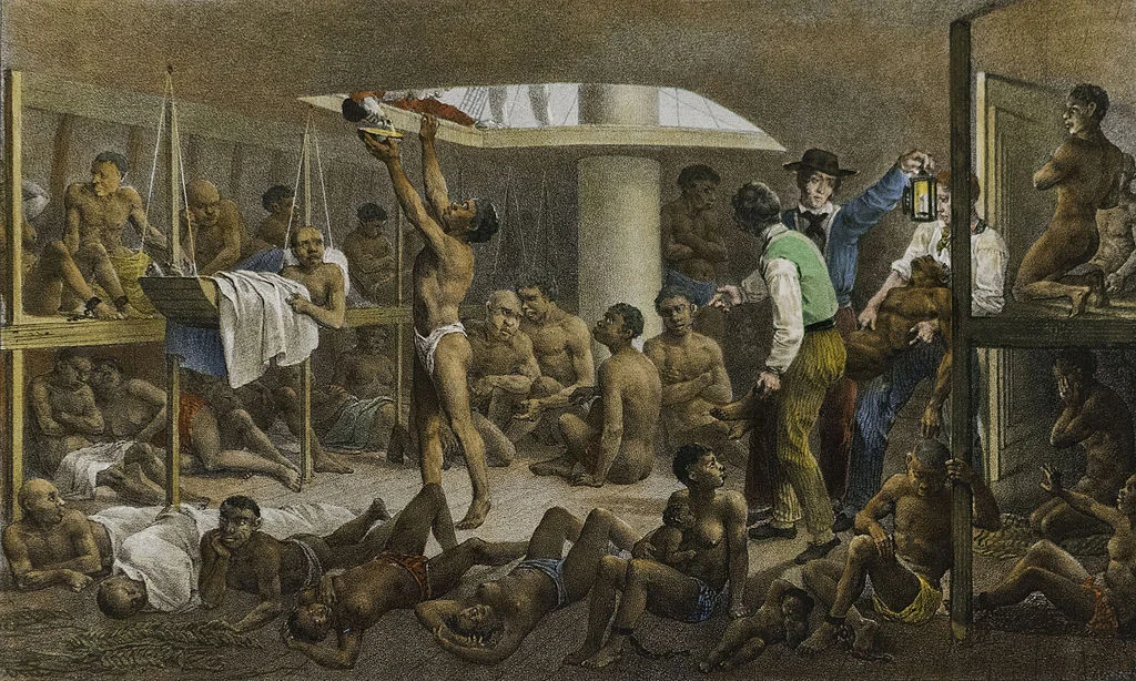 “A painting c.1830 by the German artist Johann Moritz Rugendas depicts a scene below deck of a slave ship headed to Brazil. Rugendas had been an eyewitness to the scene.”