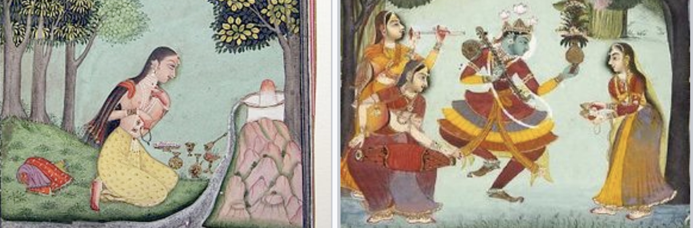 In the Hindu traditions, raga musical notes have personalities, and they are reverentially linked to gods and goddesses. Left is Bhairava-Bharavi pair (Shiva), right is Vasanta raga-ragini (Krishna). (From Wikimedia Commons)