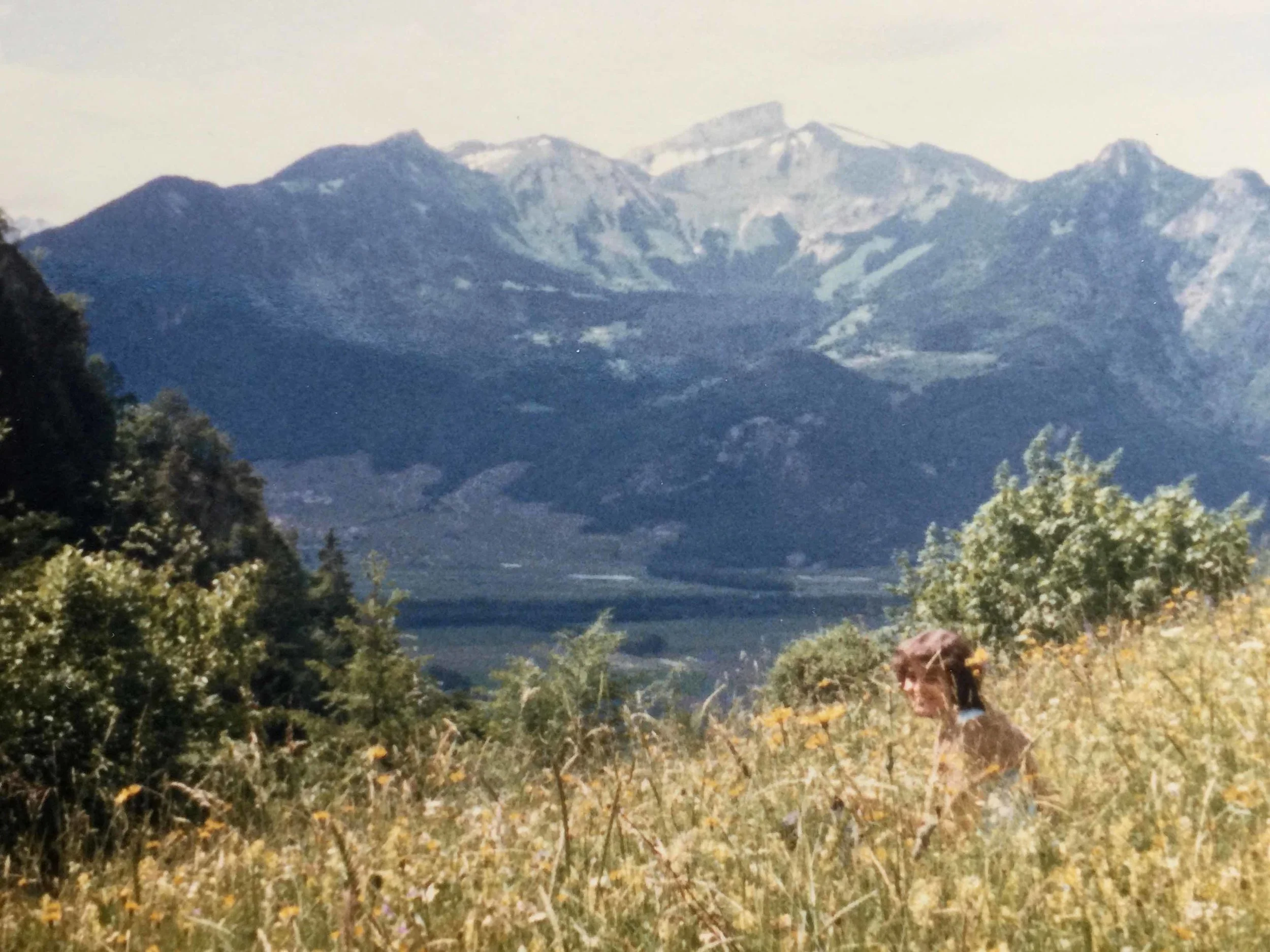 Monique with her mobylette in Geneva and in the mountains.