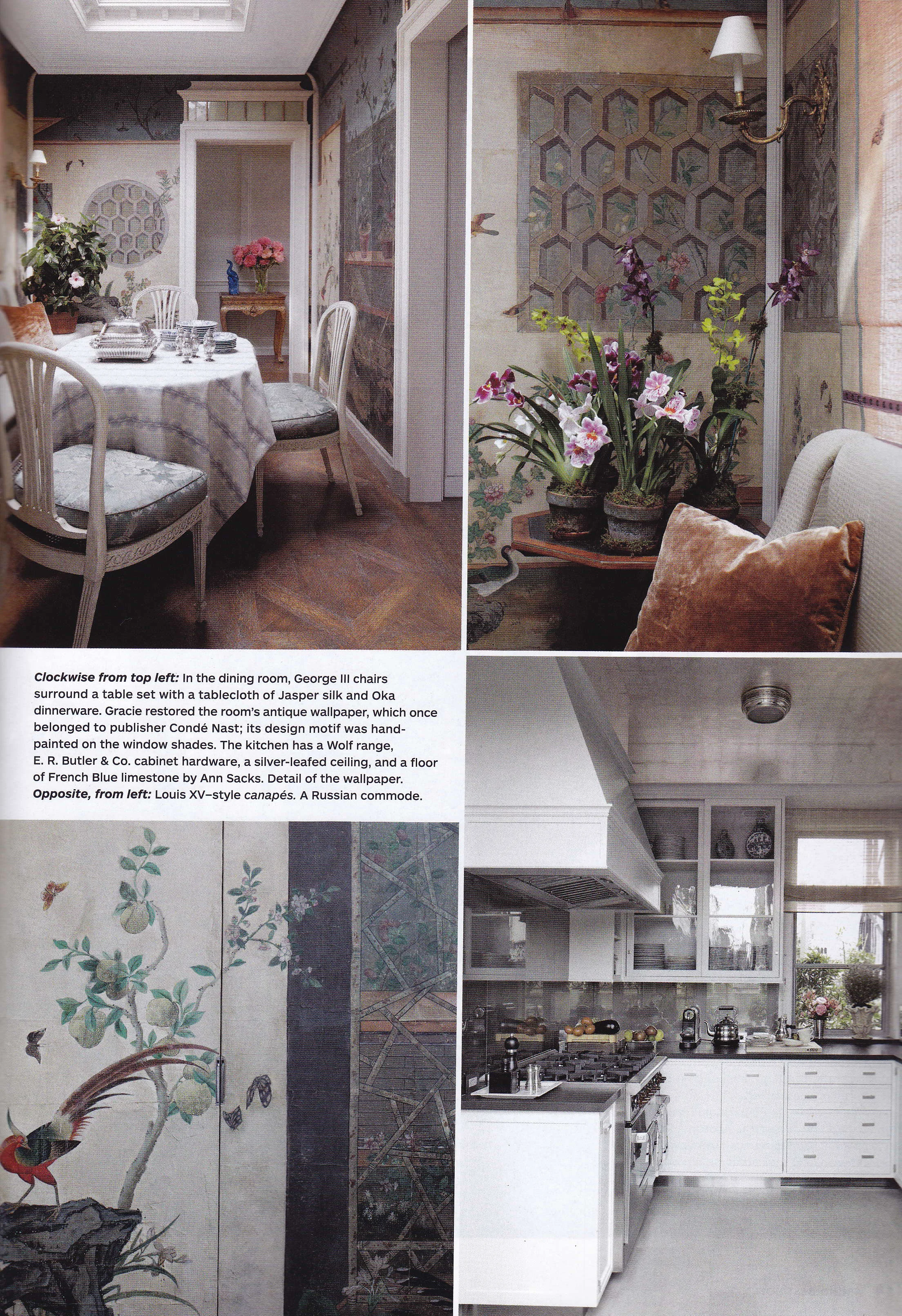 Aluminum leaf kitchen ceiling NYC, featured in cover story of Architectural Digest (photo lower left) Sept 2012