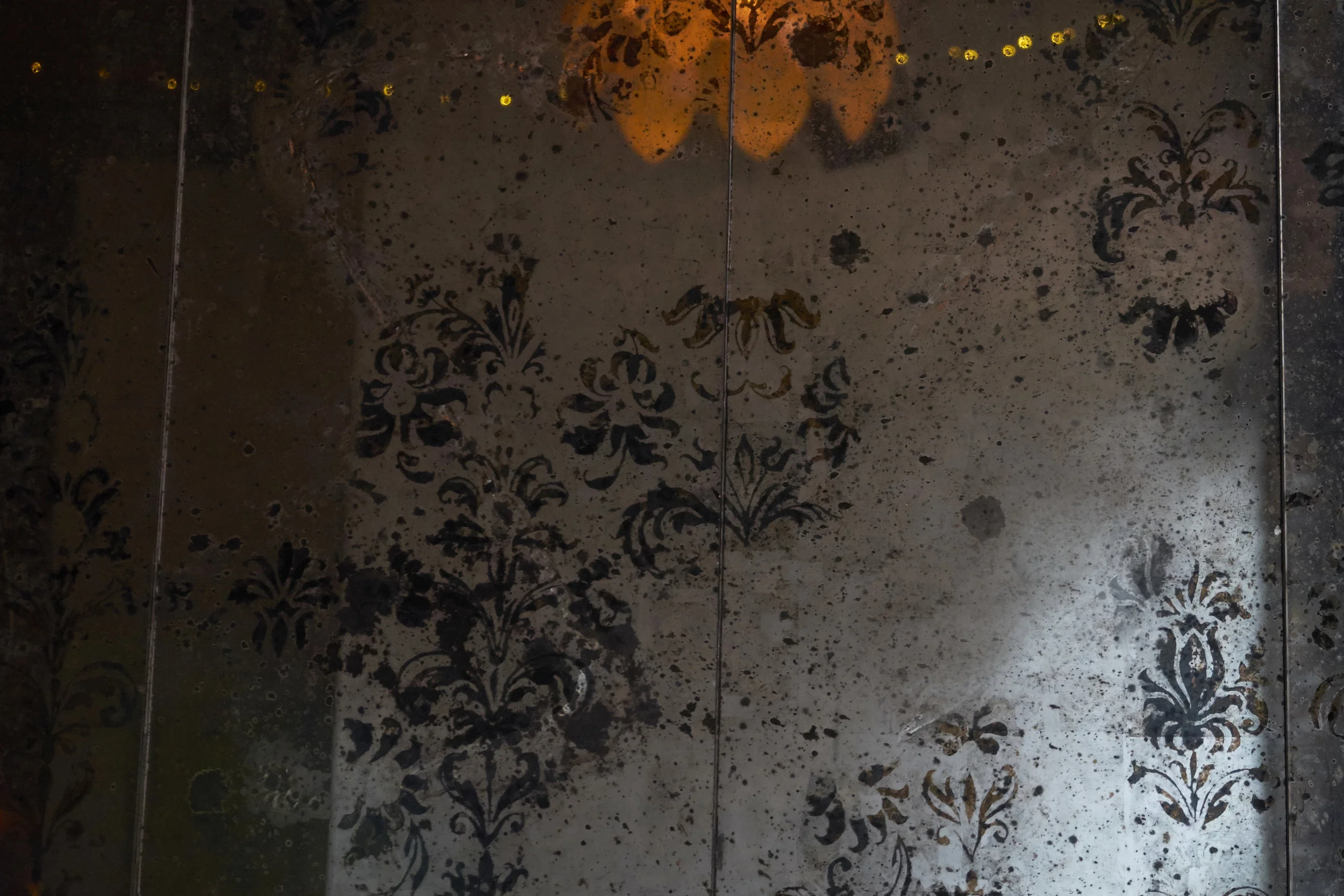antiqued and etched silver leaf on glass; Broken Land Bar, Brooklyn