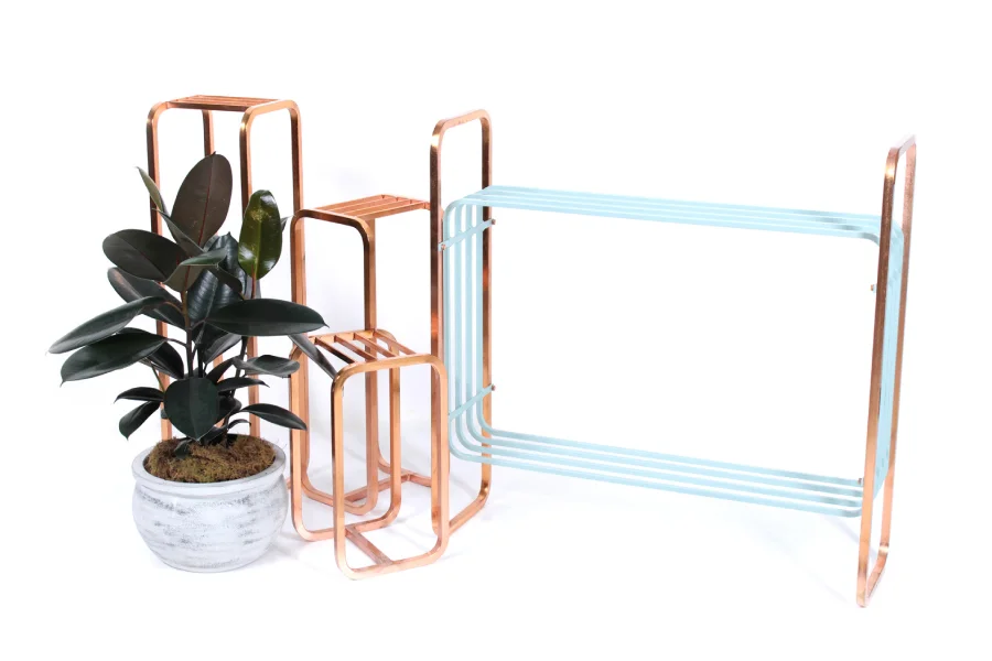 Copper & pale blue plant stands & racks