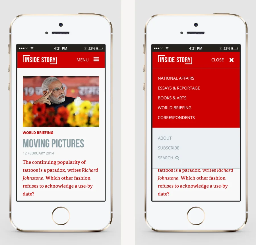 Mobile site homepage & menu