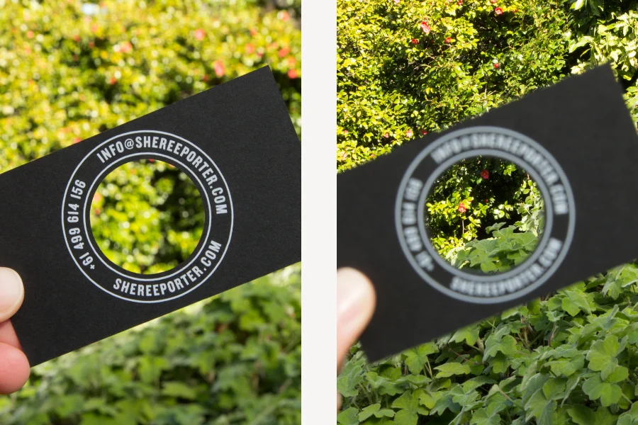 Die cut hole in business card acting as a lens