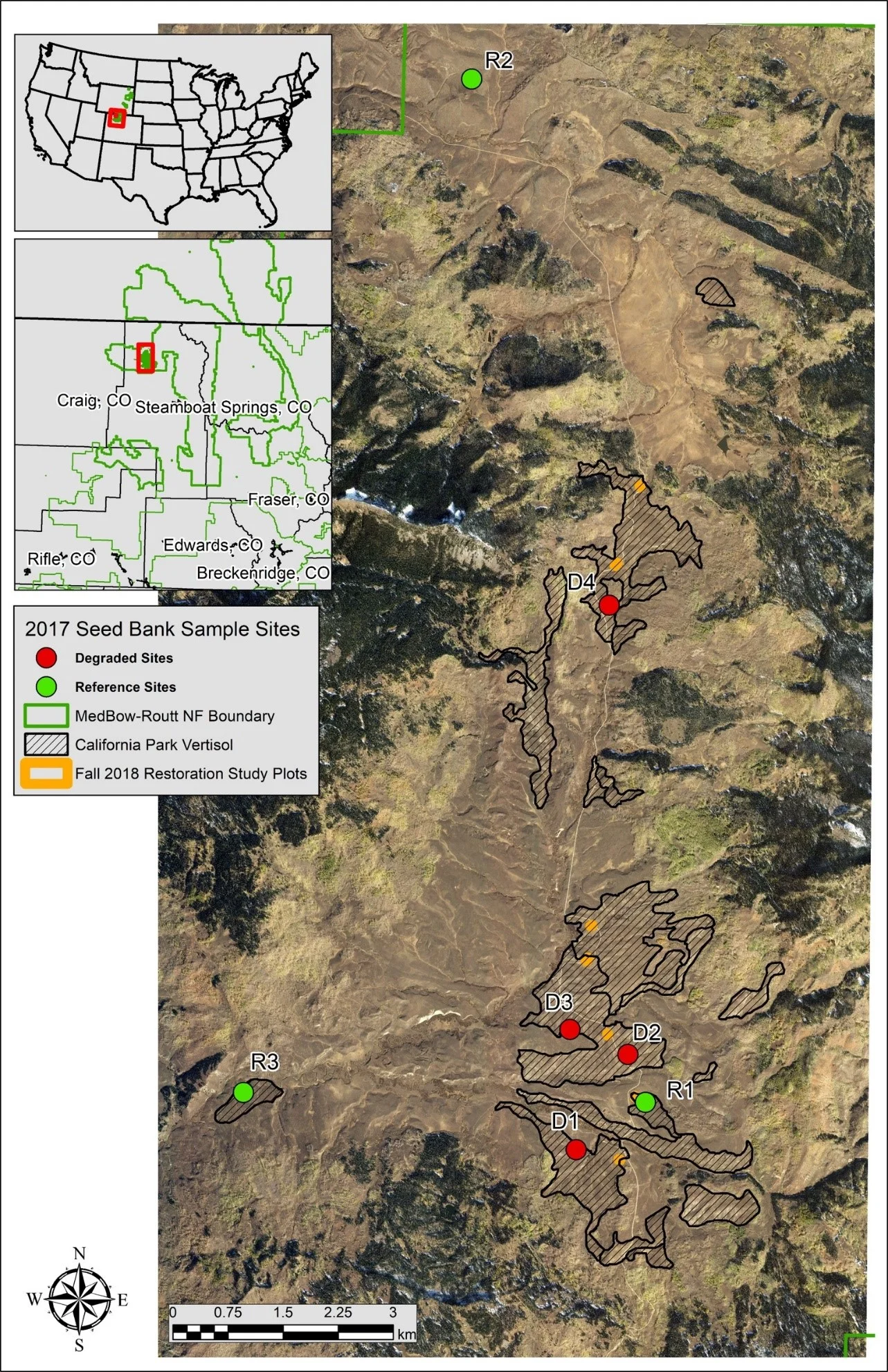 Map of California Park, Colorado, and location of sample sites and study plots.