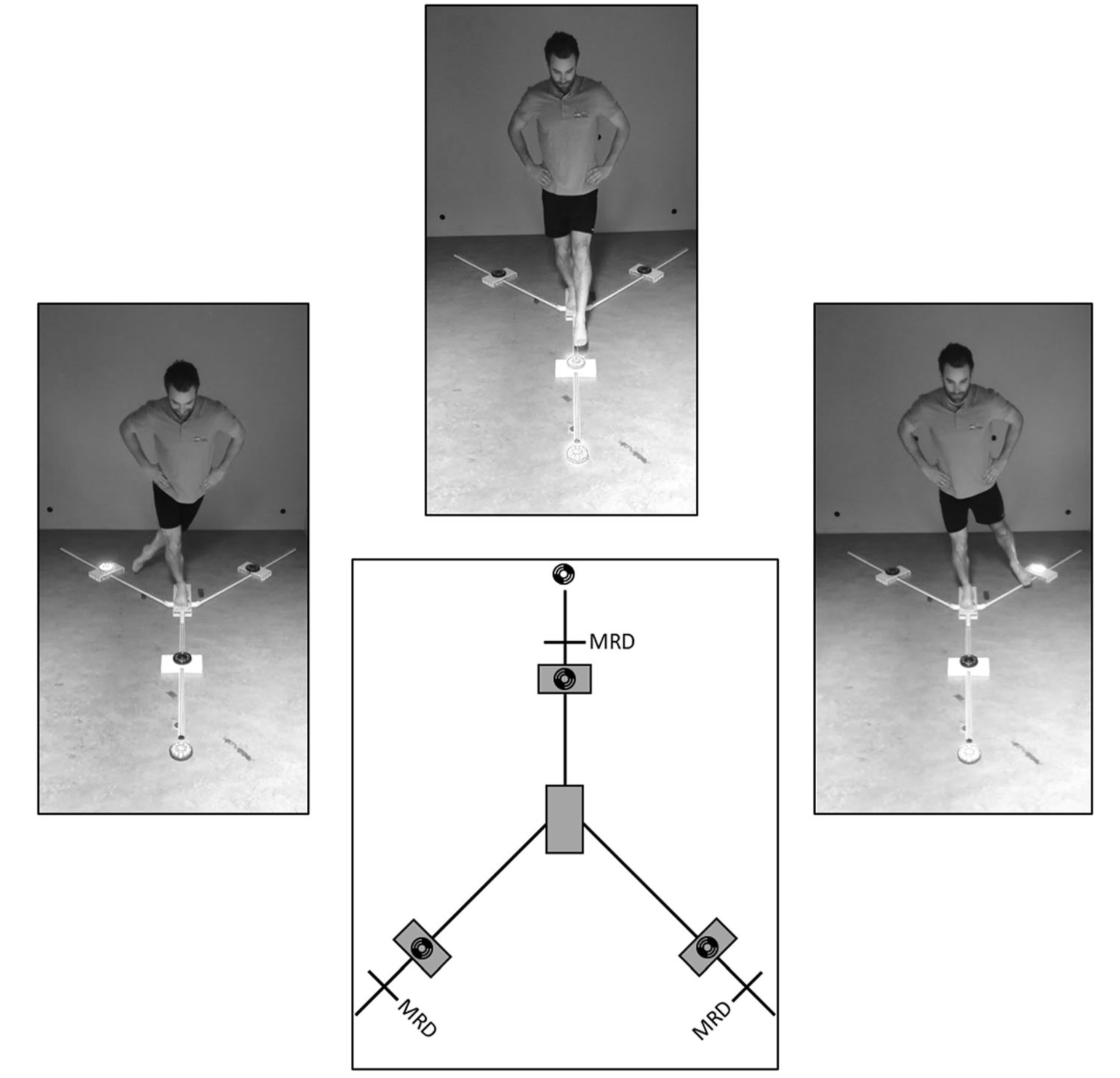 Reactive balance test. MRD = Maximal Reach Distance; = Fit-light trainerTM LED-lights. The LED-lights are placed on the axes of the Y- balance kit at 80% of the MRD. Also, each LED-light on every axis has a designated colour (e.g. blue = anterior axis). The LED-light in front of the Y-balance kit randomly shows one of the corresponding colours and indicates in which direction the participant has to reach as fast as possible and without losing balance