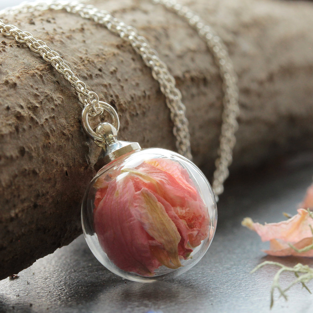 Tiny Pink Real Flower Heart Necklace