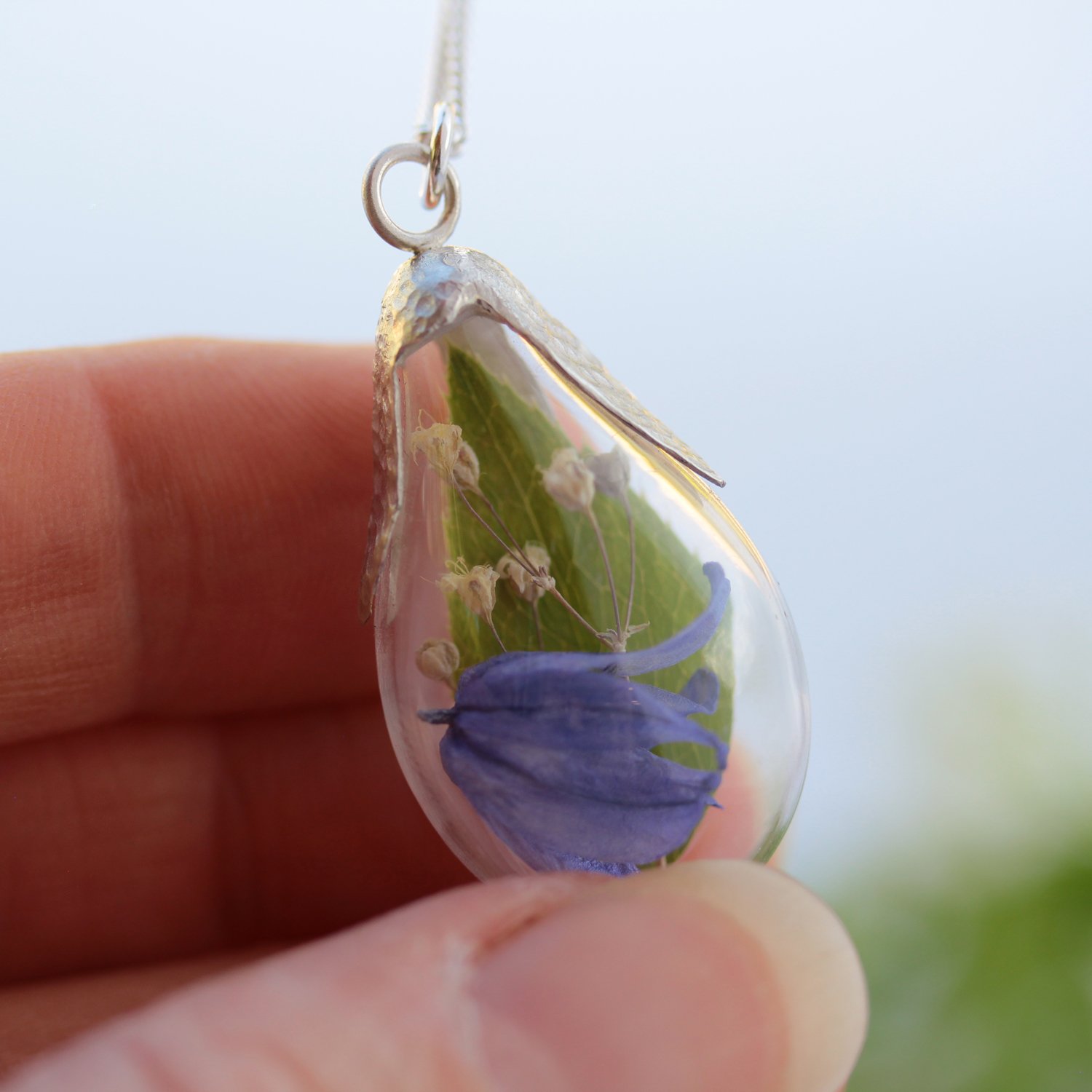 One of a Kind Teardrop Bluebell Necklace, Encapsulated Real Flower with Sterling Silver Leaf Setting