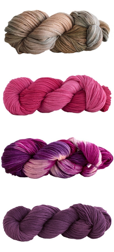 Top to bottom: Manos Fino in Antique Lace; Manos Alegria in Cactus Flower, Antigua & Thistle