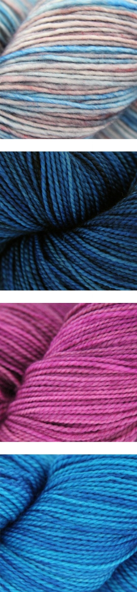 Top to bottom: Madelinetosh Tosh Merino Light in Cloud Dweller; Madelinetosh Tosh Sock in Arctic, Prairie Fire & Blue Nile