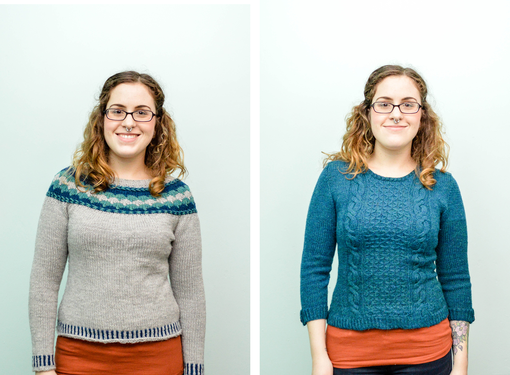L: Dreamer's Braided Pullover; R: Cables n Cats
