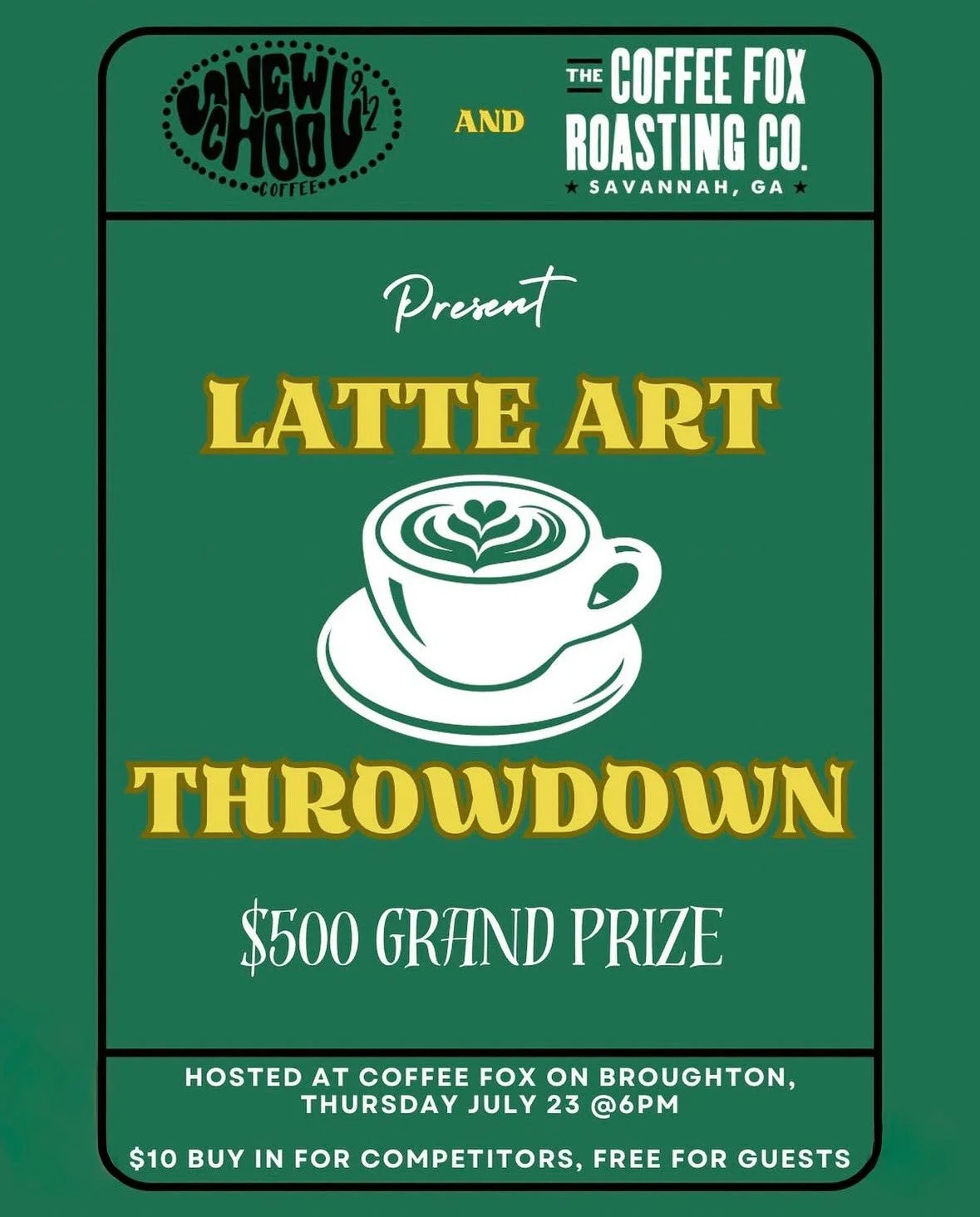 Tomorrow's the night. ☕️⚡️

Join us and @newschool.coffee for a Latte Art Throwdown at The Coffee Fox on July 23 at 6 PM.

All baristas are welcome to compete. Entry is $10, spectators get in free, and there's a $500 grand prize on the line.

Come th