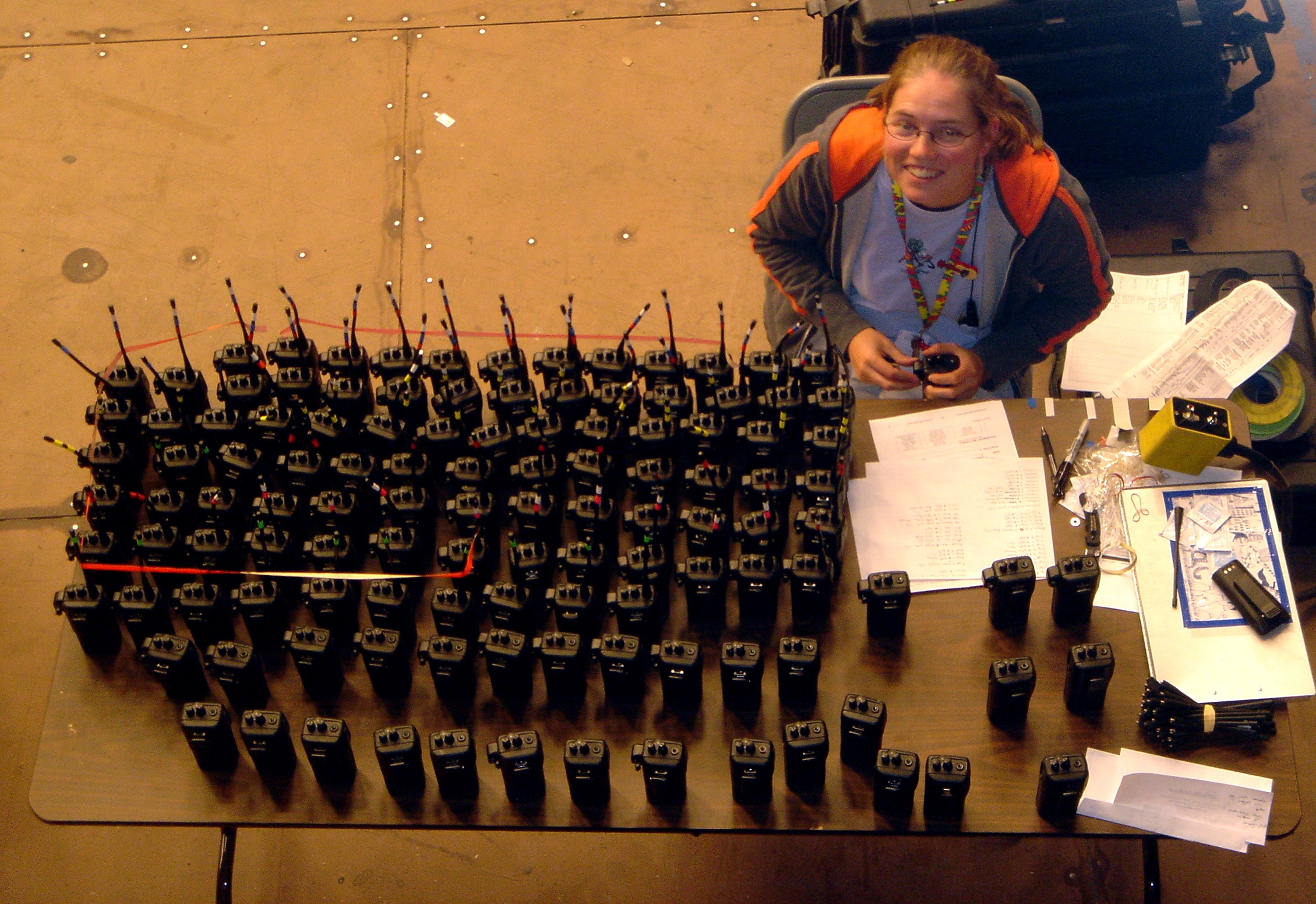 Me on the set of Across the Universe , Steiner Studios, New York, fall 2005. Everyone on set communicates via walkie talkie. It was my job to keep track of them all!