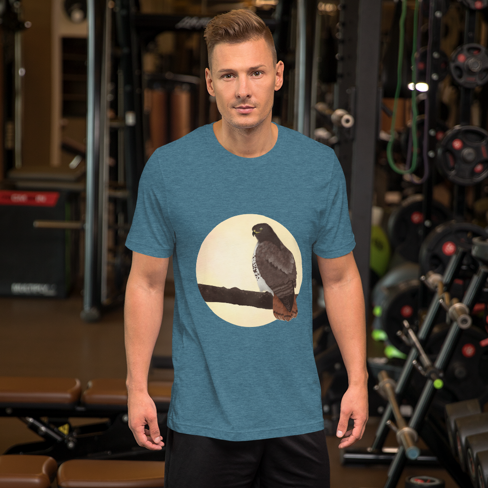 Red-tailed-hawk-3_mockup_Front_Mens-Lifestyle_Heather-Deep-Teal.png