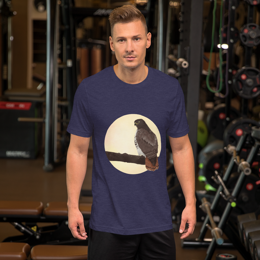 Red-tailed-hawk-3_mockup_Front_Mens-Lifestyle_Heather-Midnight-Navy.png