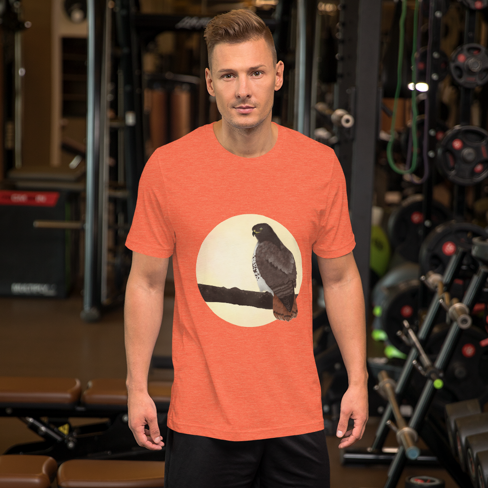 Red-tailed-hawk-3_mockup_Front_Mens-Lifestyle_Heather-Orange.png