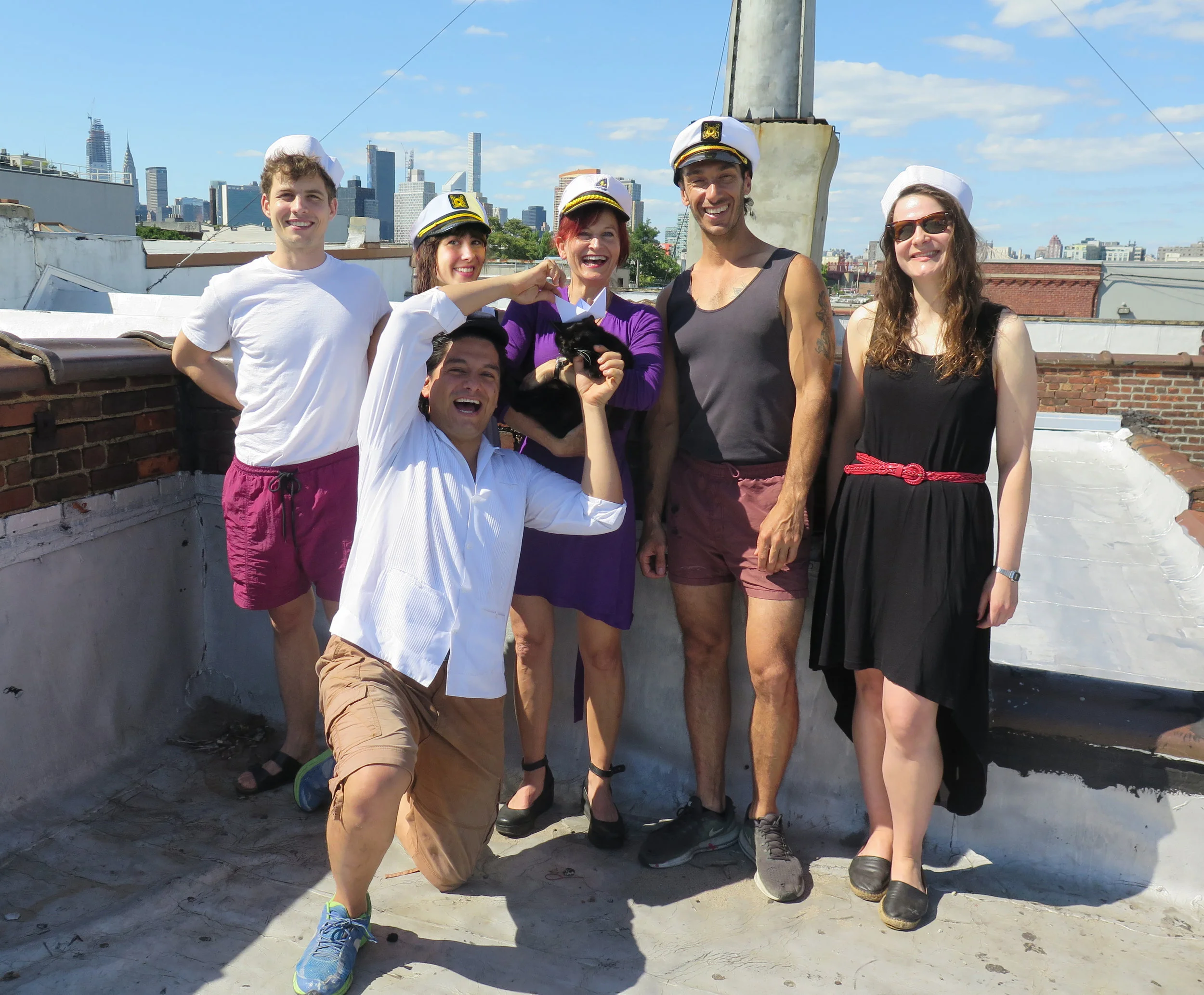 Back row from left: Second-Voyage Sailor Till Lauer (Visual Artist, Switzerland), 2nd Officer Carolyn A’Hearn CarolynAHearn (Visual Artist, US), Captain Sol Kjøk (Visual Artist, Norway/US) with Ship’s Cat #Pusillanimous, 3rd Officer Noam Shoan (Visual Artist, Australia), Rookie Sailor Elena Greta Falcini (Sculptor, Germany) Front row: Newly appointed Quartetmaster Ernesto Villalobos of the Villalobos Brothers (Violinist/Singer-Songwriter/Composer/Multi-Instrumentalist, Mexico), henceforth our Musical Attaché for live events happening onboard and at Last Frontier NYC .