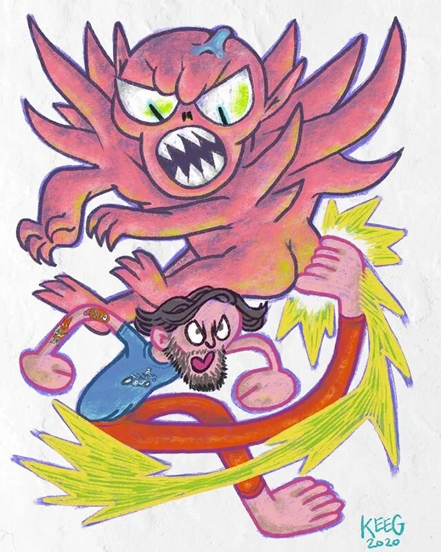 Here is a self portrait. Possible titles for this piece; &ldquo;Kick your problems in the butt,&rdquo; &ldquo;How to break your toes when you kick,&rdquo; &ldquo;Part of my self care routine is kicking monsters.&rdquo; Stay healthy ❤️#thingsyoumightf
