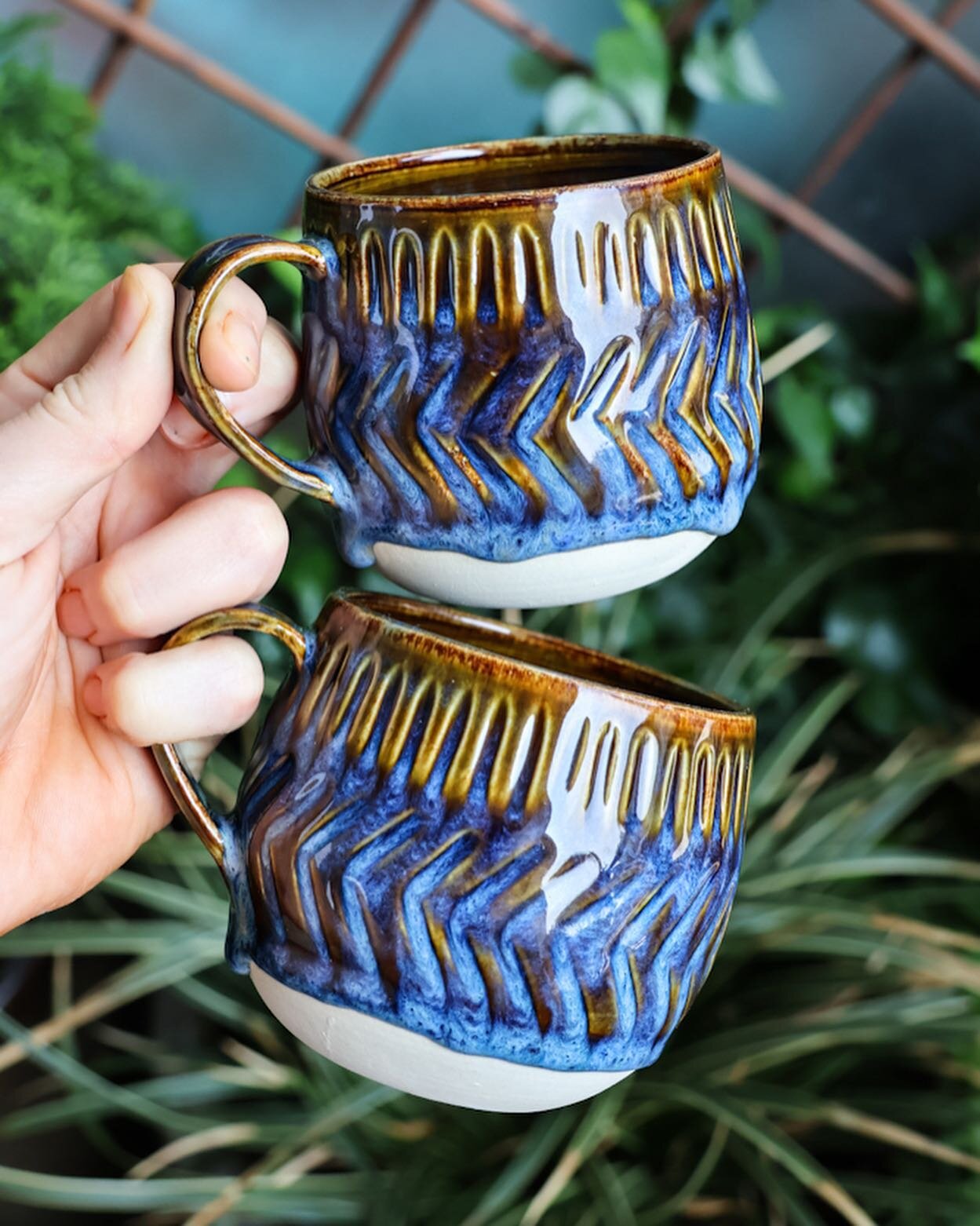 All I can say about these is 😍. My favourite things I&rsquo;ve made in a while. 
&mdash;
#ceramicmuglove #potterymugs #handmademug #blueceramics #howiamaco #texturedceramics #carvedpottery #diamondcoretools #ceramicmug #mugshotmonday #mugs #mug