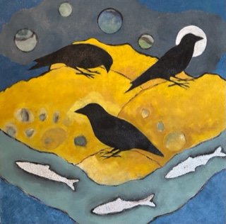 Three Crows and Three Herring, 24" x 24"