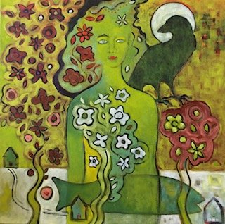 Green Lady with Flowers, 32"x 32"