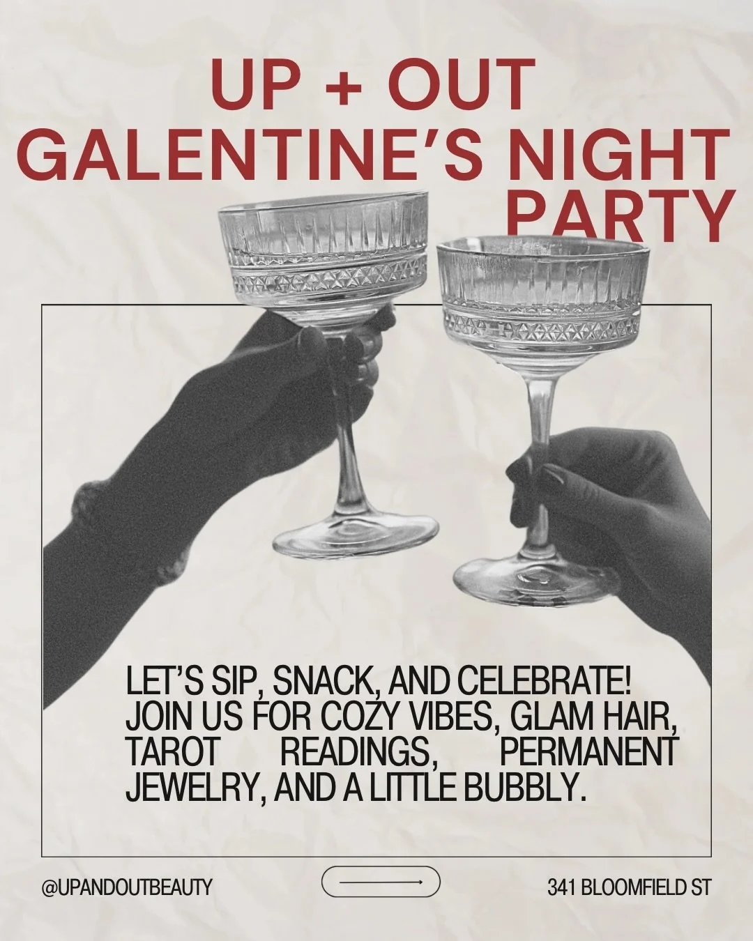 💘 GALENTINE&rsquo;S PARTY 💘
Single, taken, or just here for the vibes&hellip;this night is for YOU.

$60 ticket includes:
- Blowout or dry styling
- Drinks + snacks  included
- Tarot card reading

Permanent jewelry available for purchase!! 

Spots 