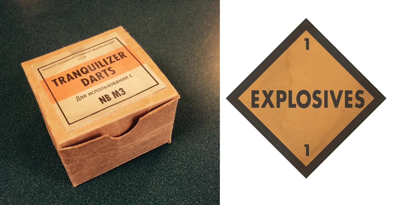 Tranquilizer graphic on prop & explosives decal. GADGET MANUALS Designed 4 weathered/aged instruction manual props for each of Spy's hidden gadgets.