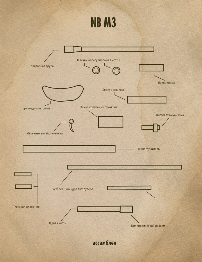 Dart gun title page- listing all pieces of the weapon he has to assemble.
