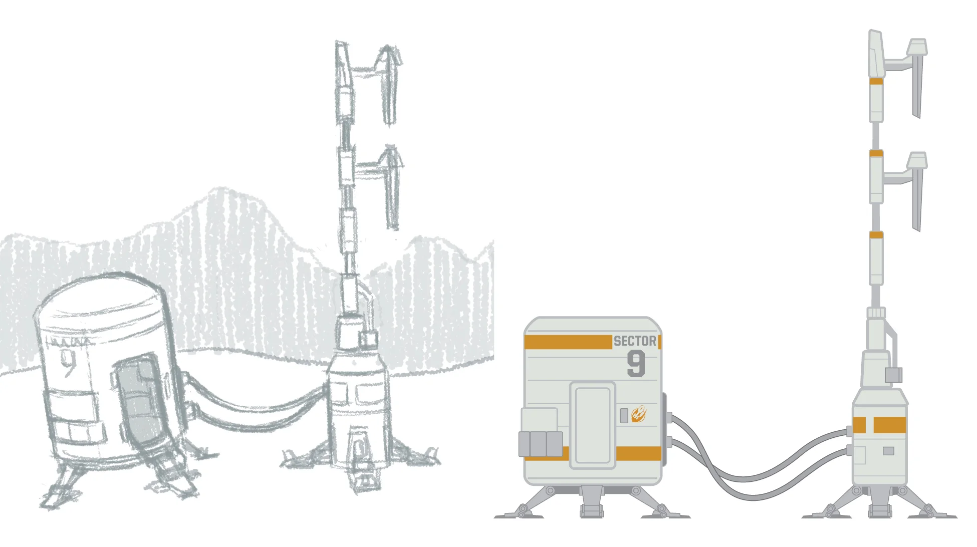 Transponder pod and antenna array sketch and vector concept. CALL CENTER LOCATION.